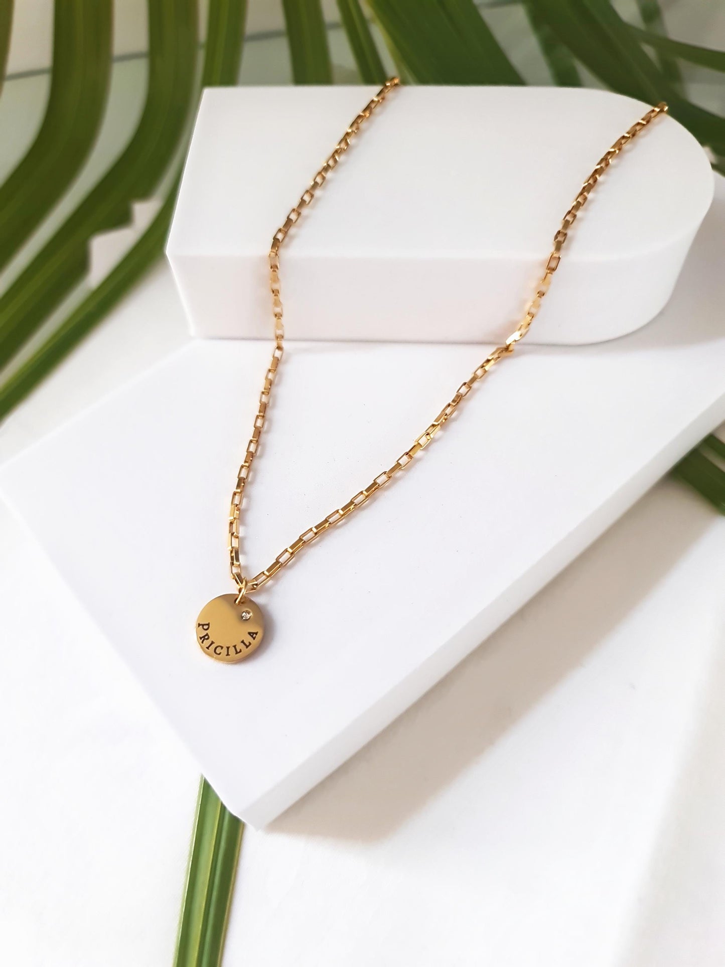 Custom Personalised Name Disc Round Necklace, CZ Circle Disc Personalized Gift, Choose colour 316 Silver or 18Ct Gold PVD. 12mm Disc