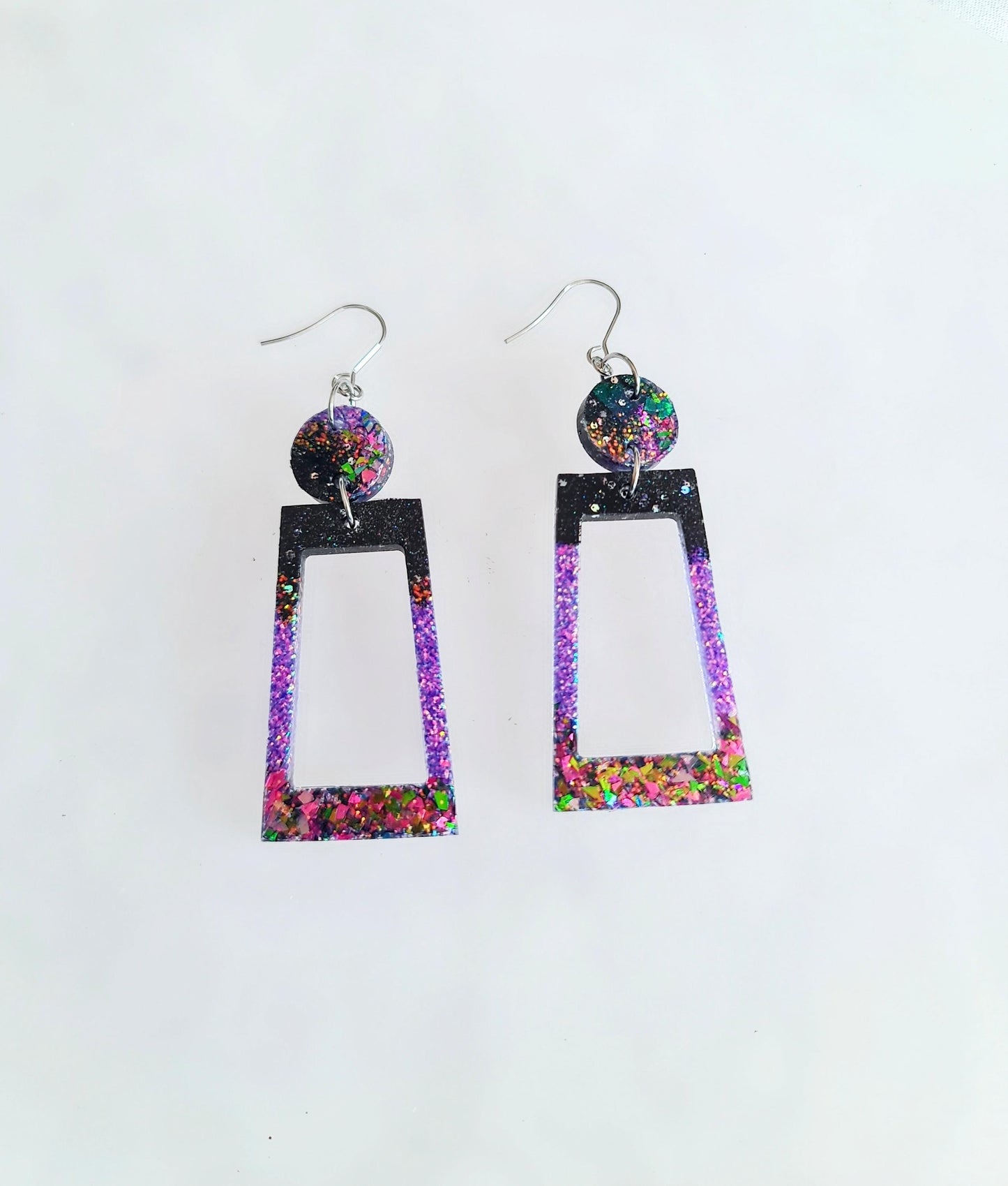 Rectangle Long Dangle Earrings, Two Tone Blue Glitter Resin Dangle Statement Earrings