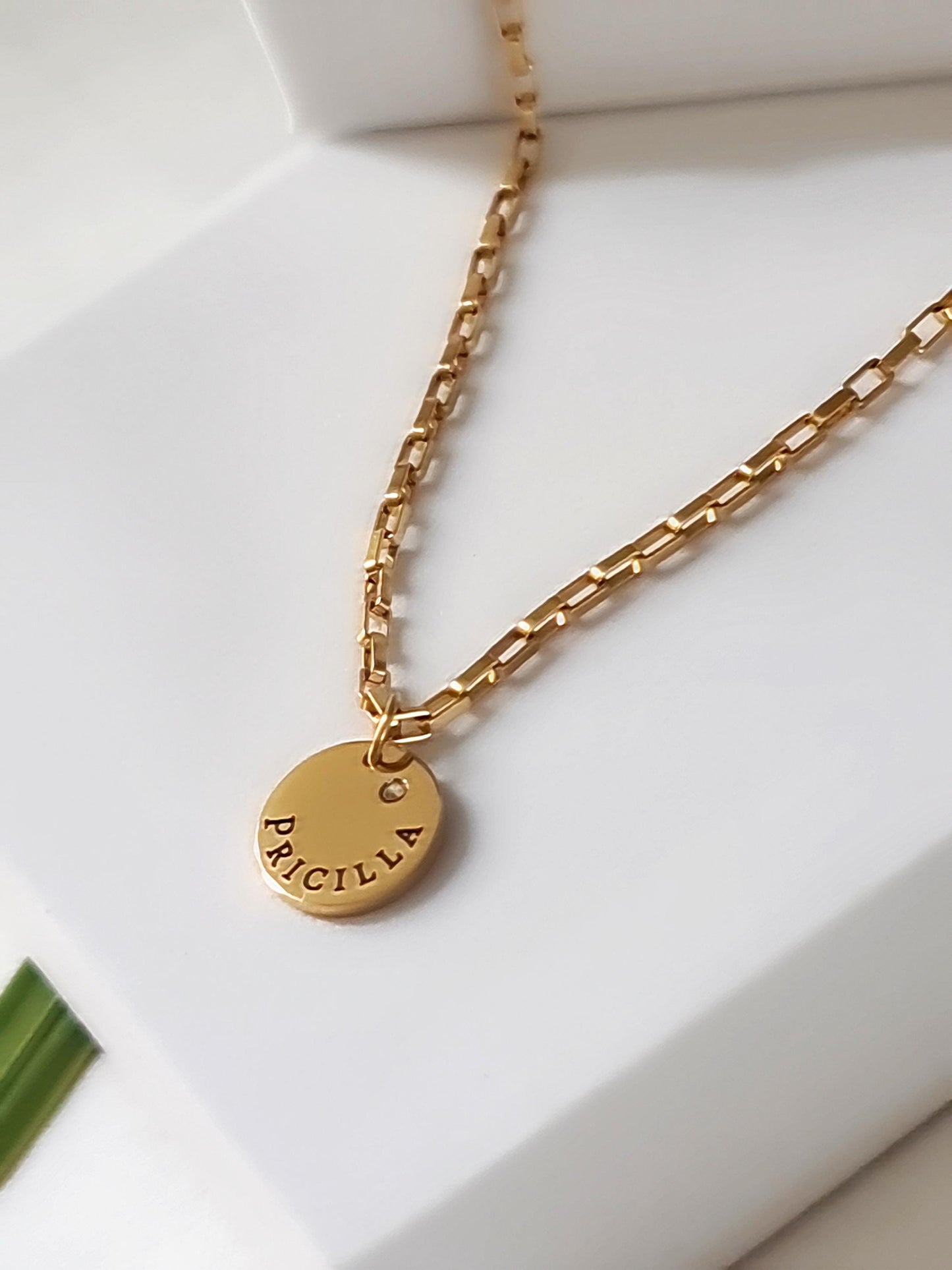 Custom Personalised Name Disc Round Necklace, CZ Circle Disc Personalized Gift, Choose colour 316 Silver or 18Ct Gold PVD. 12mm Disc