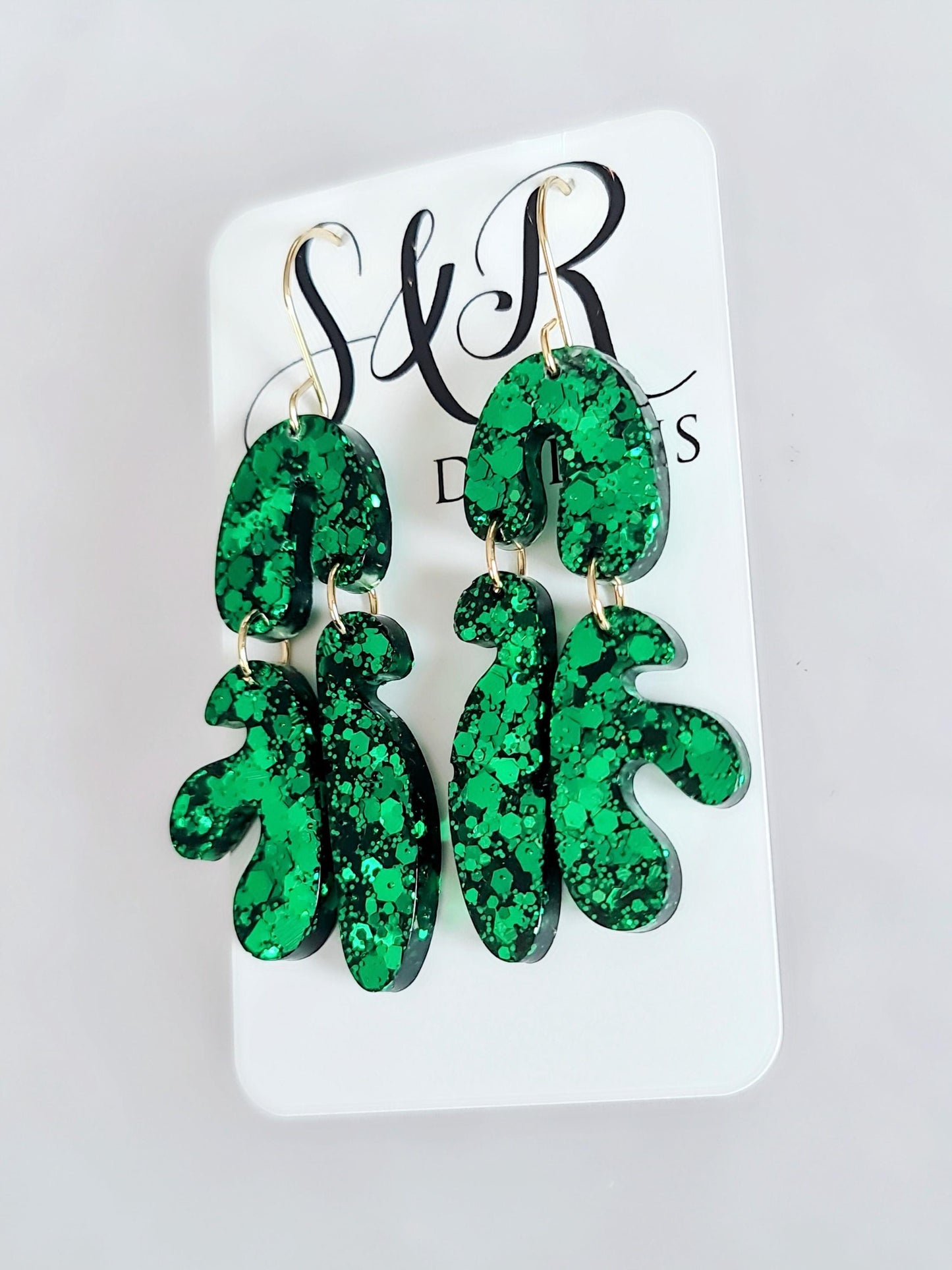 Unique Emerald Green Fluer Design Eattings, Multi Shape Dangle Long Drops, Blue Green Chameleon White Glass Mix Glitter, Statement Handmade