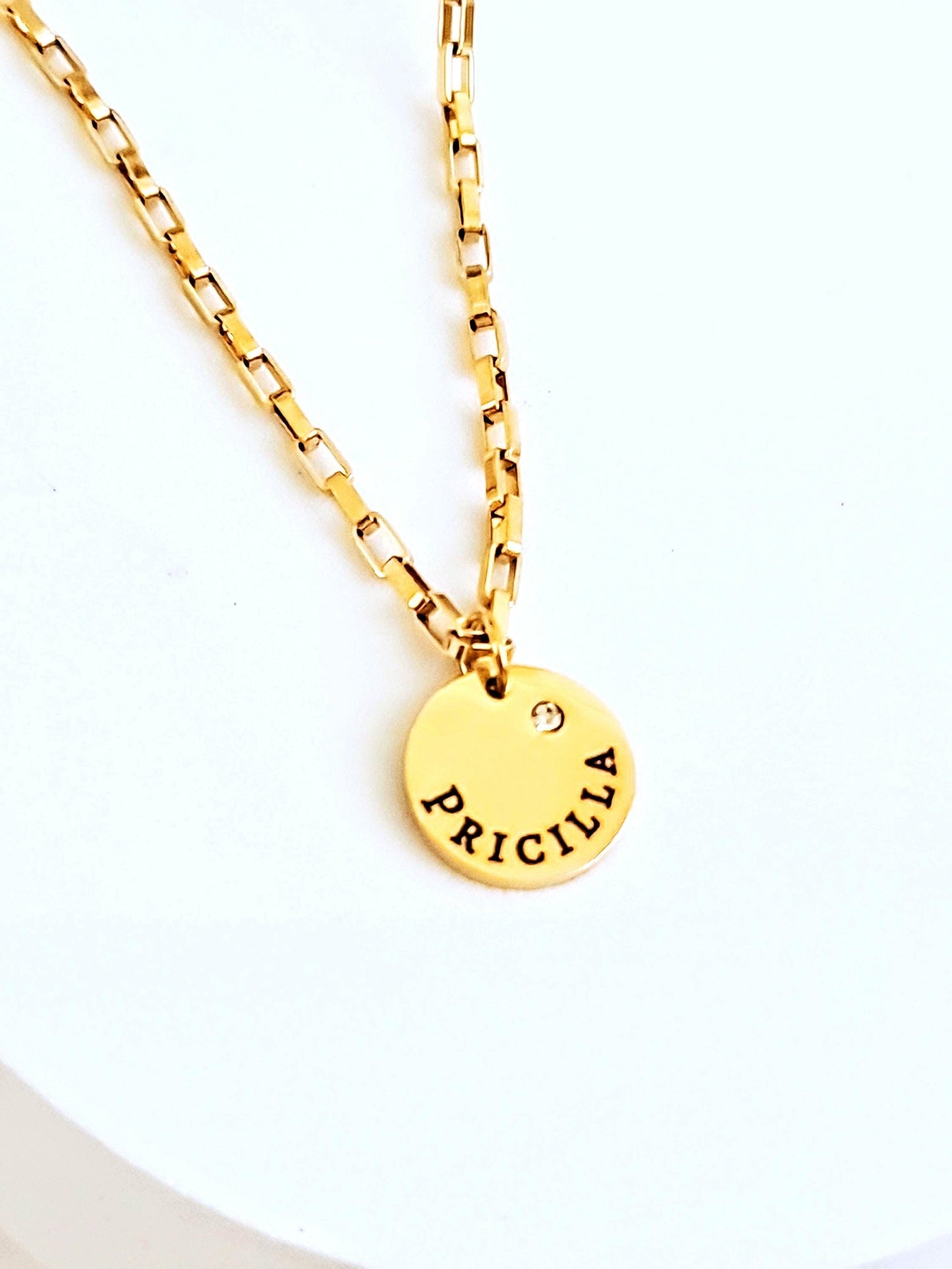 Custom Personalised Name Disc Round Necklace, CZ Circle Disc Personalized Gift, Choose colour 316 Silver or 18Ct Gold PVD. 12mm Disc
