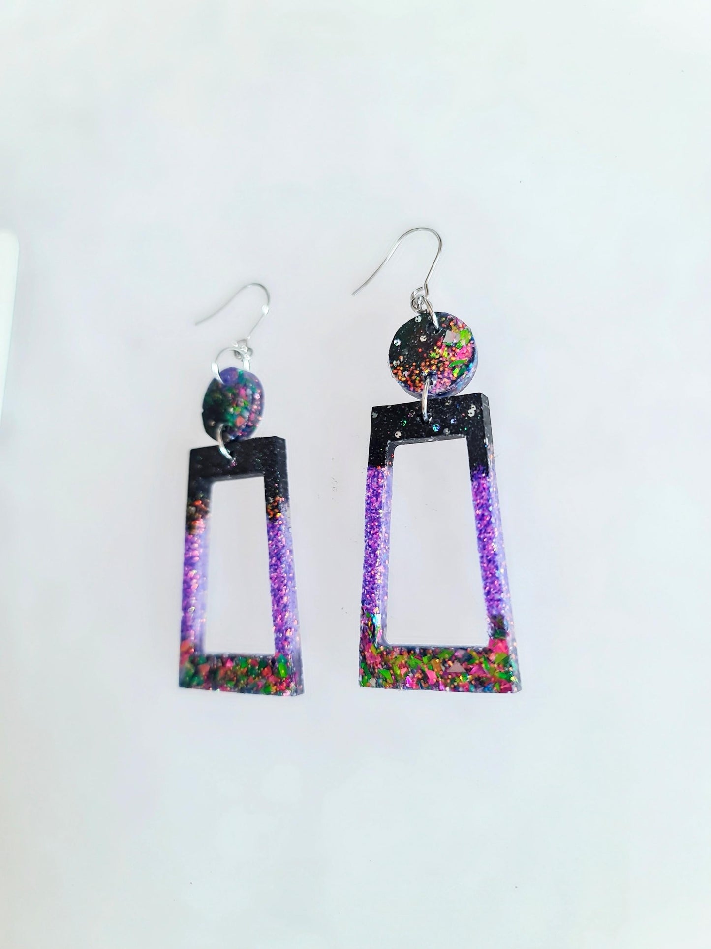 Rectangle Long Dangle Earrings, Two Tone Blue Glitter Resin Dangle Statement Earrings