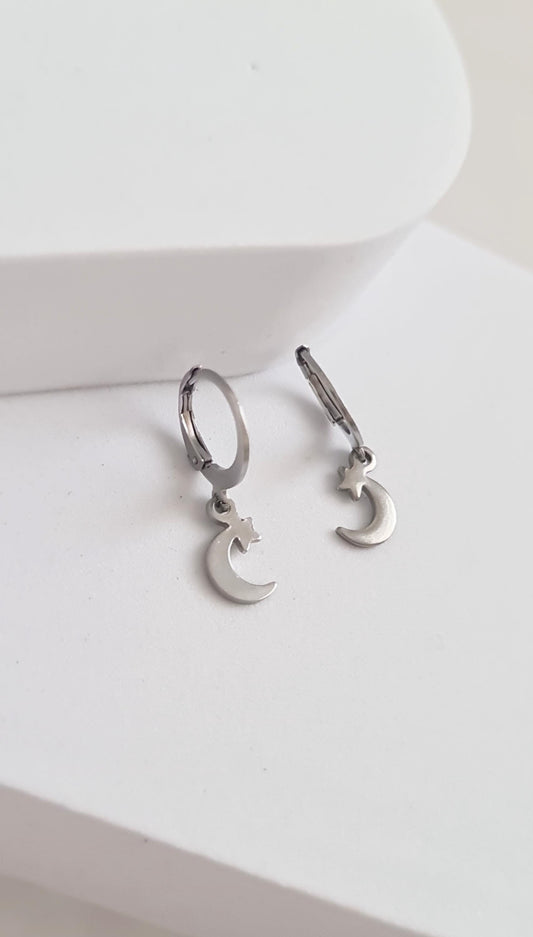 Silver Star Moon Leverback Earrings, Stainless Steel Dangle Leverback, threaders or Hook Earrings. Hypoallergenic Waterproof Jewellery