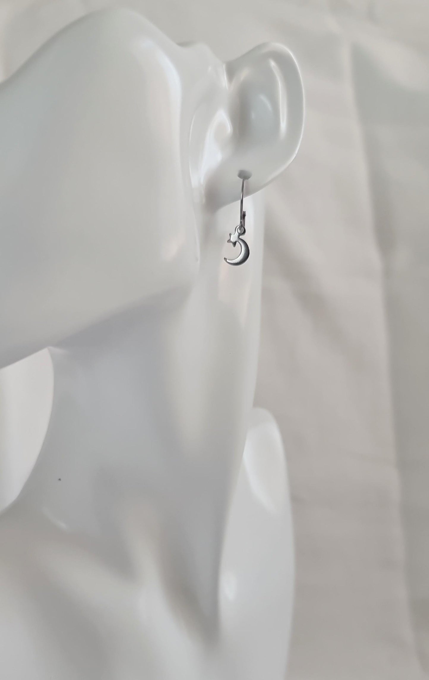 Silver Star Moon Leverback Earrings, Stainless Steel Dangle Leverback, threaders or Hook Earrings. Hypoallergenic Waterproof Jewellery
