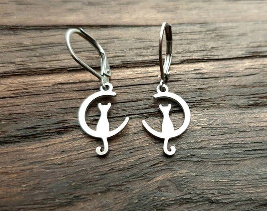 Silver Cat on Moon Leverback Earrings, Cat Earrings, Stainless Steel Dangle Leverback, threaders or Hook Earrings. Waterproof