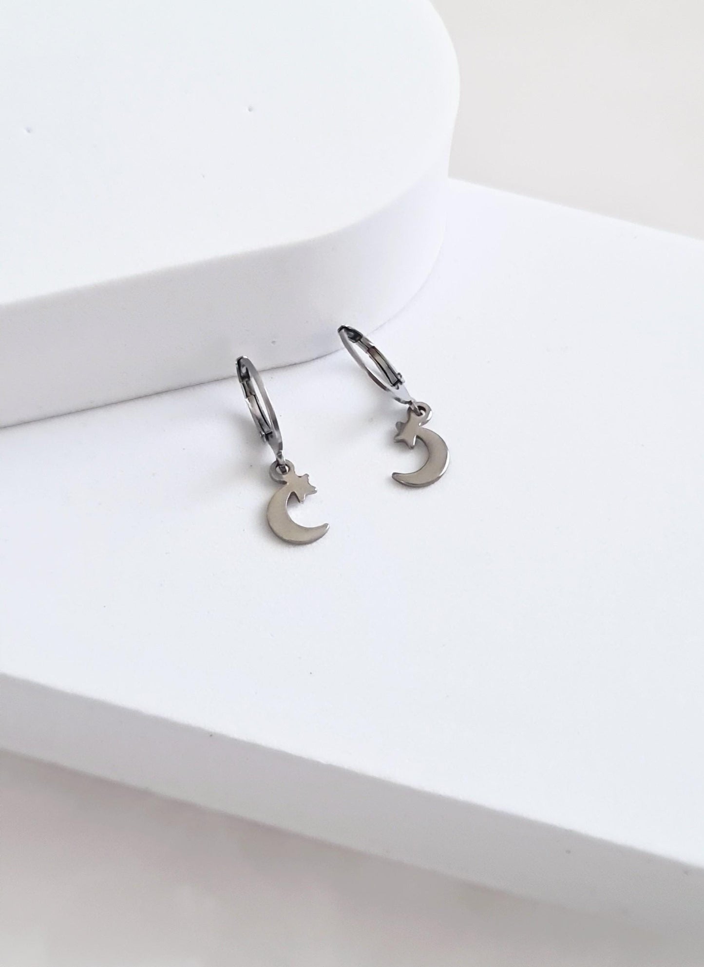 Silver Star Moon Leverback Earrings, Stainless Steel Dangle Leverback, threaders or Hook Earrings. Hypoallergenic Waterproof Jewellery