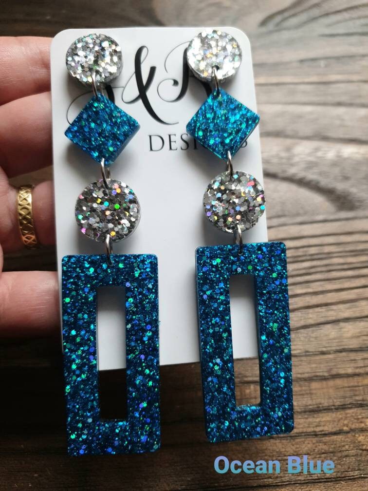 Design your Rectangle Long Dangle Earrings, Statement Glitter Extra Long Dangle Earrings or Choose Colour 10.5cm long