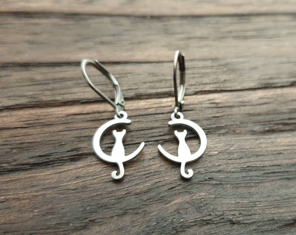 Silver Cat on Moon Leverback Earrings, Cat Earrings, Stainless Steel Dangle Leverback, threaders or Hook Earrings. Waterproof
