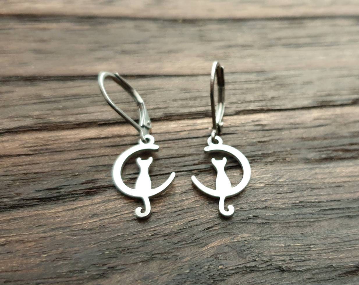 Silver Cat on Moon Leverback Earrings, Cat Earrings, Stainless Steel Dangle Leverback, threaders or Hook Earrings. Waterproof