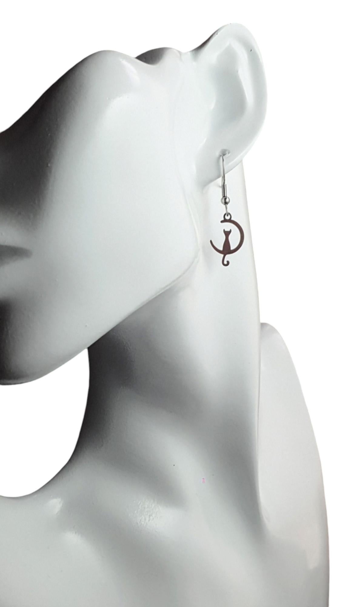 Silver Cat on Moon Leverback Earrings, Cat Earrings, Stainless Steel Dangle Leverback, threaders or Hook Earrings. Waterproof