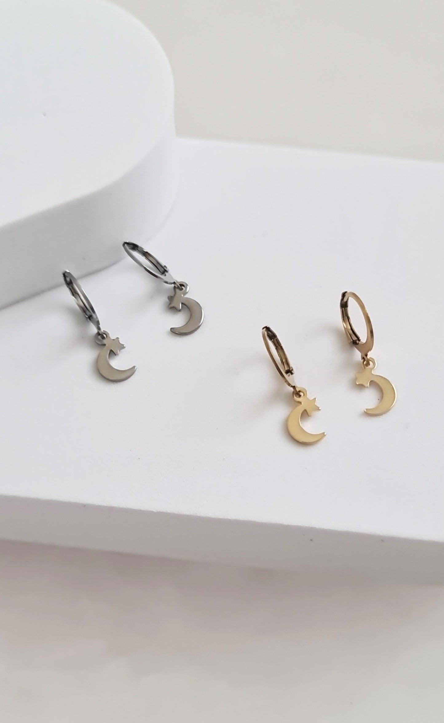 Silver Star Moon Leverback Earrings, Stainless Steel Dangle Leverback, threaders or Hook Earrings. Hypoallergenic Waterproof Jewellery