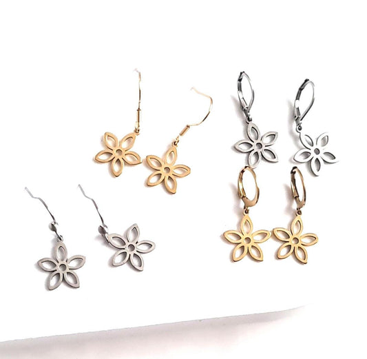 Silver Flower Earrings, Gold Flower Leverback Earrings, Silver Stainless Steel Dangle Leverback or Earwire Earrings, Hypoallergenic.