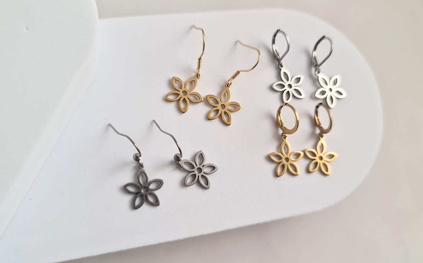 Silver Flower Earrings, Gold Flower Leverback Earrings, Silver Stainless Steel Dangle Leverback or Earwire Earrings, Hypoallergenic.