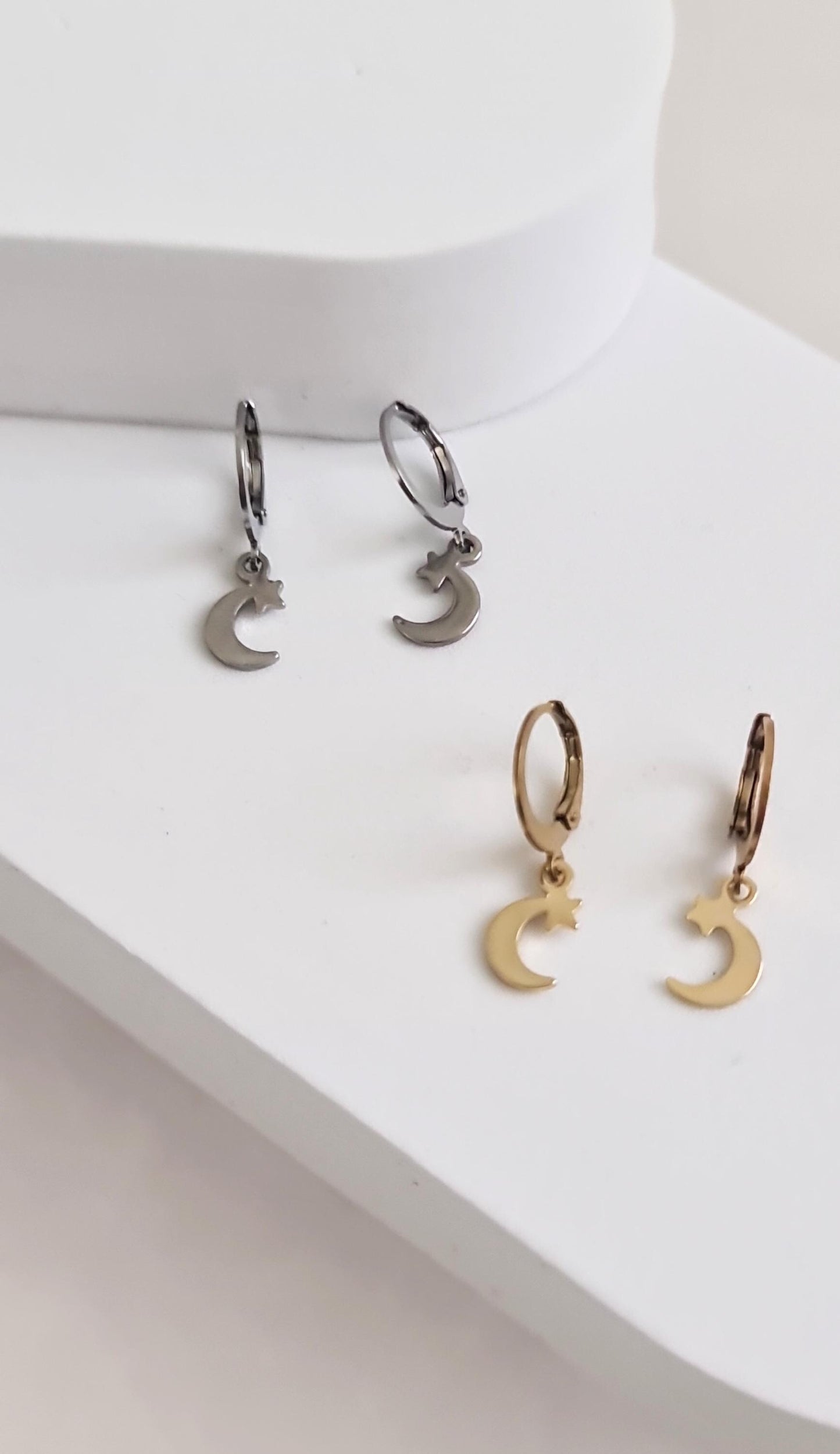 Silver Star Moon Leverback Earrings, Stainless Steel Dangle Leverback, threaders or Hook Earrings. Hypoallergenic Waterproof Jewellery