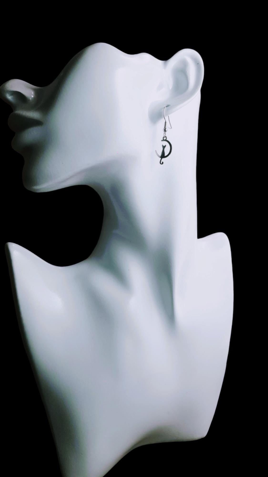 Silver Cat on Moon Leverback Earrings, Cat Earrings, Stainless Steel Dangle Leverback, threaders or Hook Earrings. Waterproof