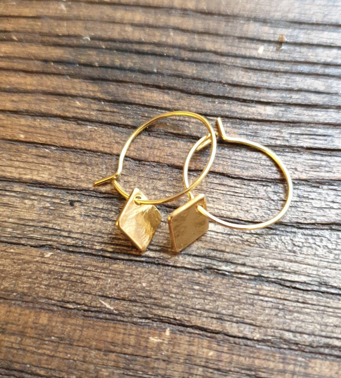 Gold Hammered Diamond Hoop Earrings, Stainless Steel Disc Dangle, Minimalist Earrings, 15mm or 25mm Hoops, Leverback, Earwire Hooks