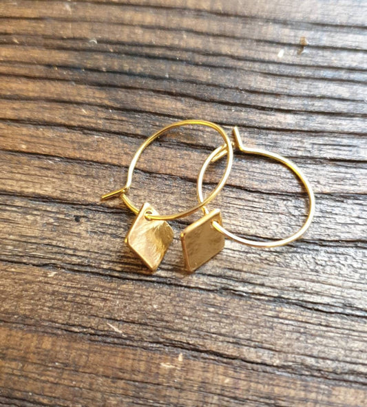 Gold Hammered Diamond Hoop Earrings, Stainless Steel Disc Dangle, Minimalist Earrings, 15mm or 25mm Hoops, Leverback,  Earwire Hooks