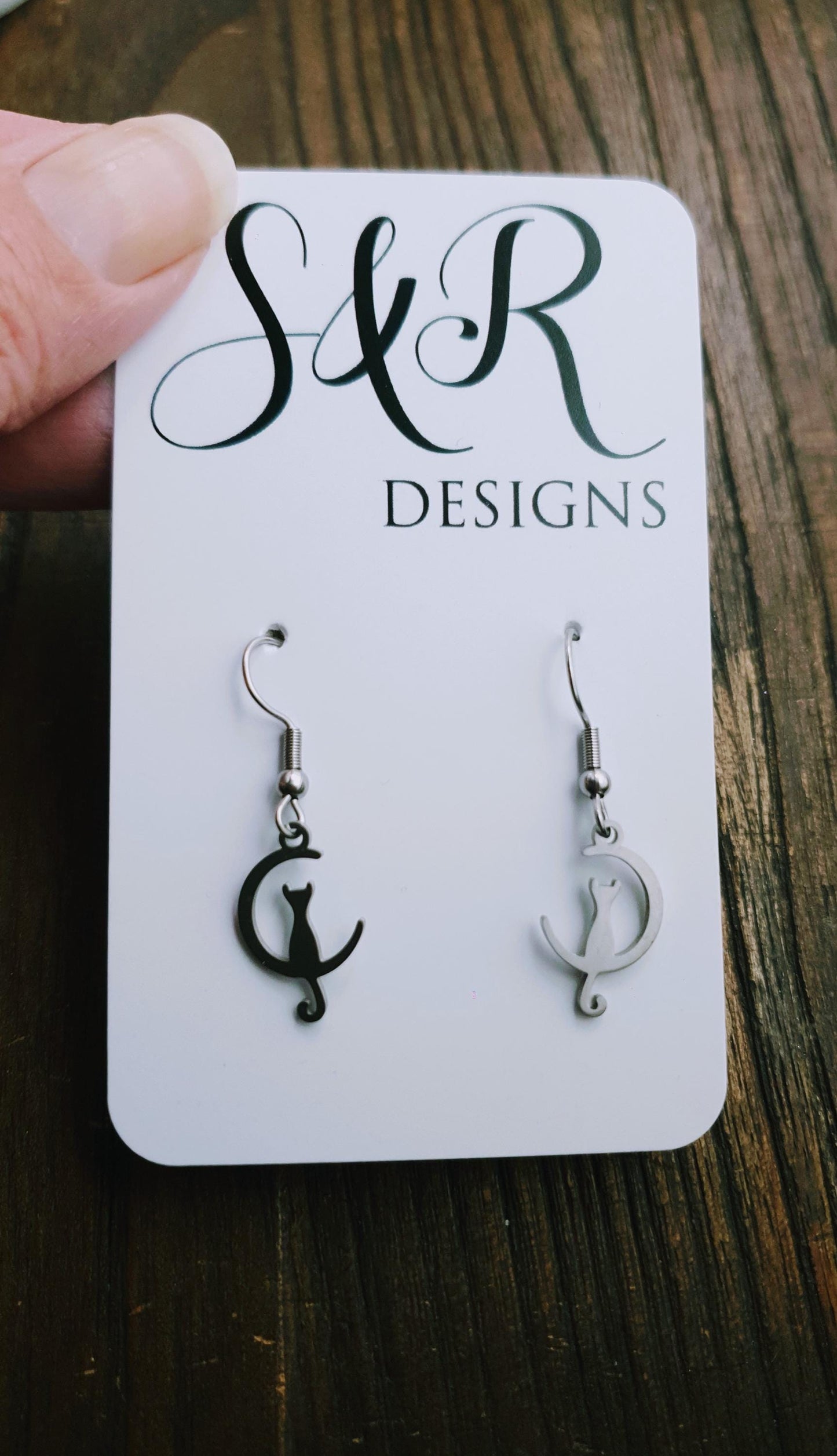 Silver Cat on Moon Leverback Earrings, Cat Earrings, Stainless Steel Dangle Leverback, threaders or Hook Earrings. Waterproof