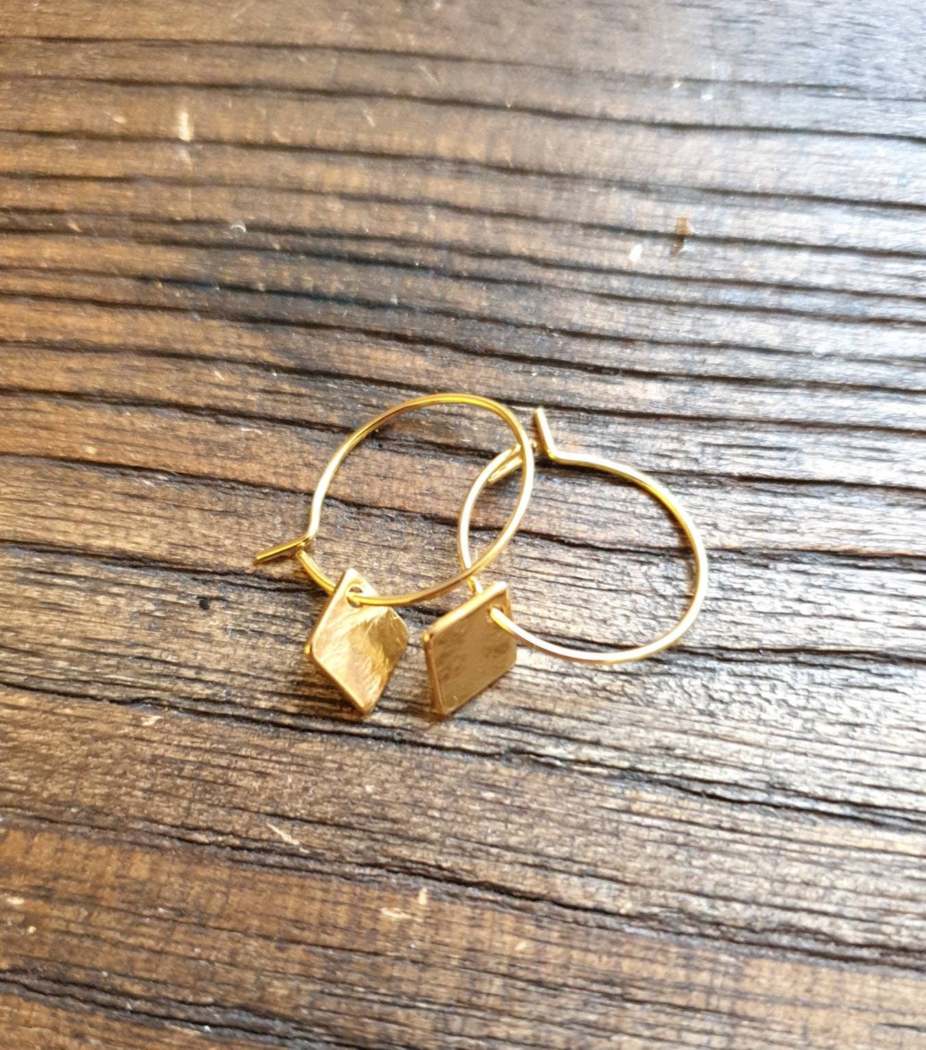 Gold Hammered Diamond Hoop Earrings, Stainless Steel Disc Dangle, Minimalist Earrings, 15mm or 25mm Hoops, Leverback, Earwire Hooks