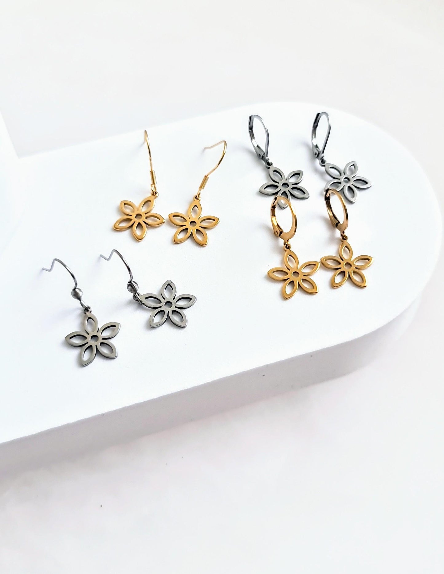 Silver Flower Earrings, Gold Flower Leverback Earrings, Silver Stainless Steel Dangle Leverback or Earwire Earrings, Hypoallergenic.