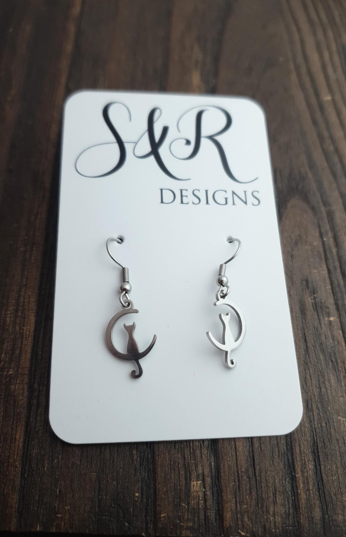 Silver Cat on Moon Leverback Earrings, Cat Earrings, Stainless Steel Dangle Leverback, threaders or Hook Earrings. Waterproof