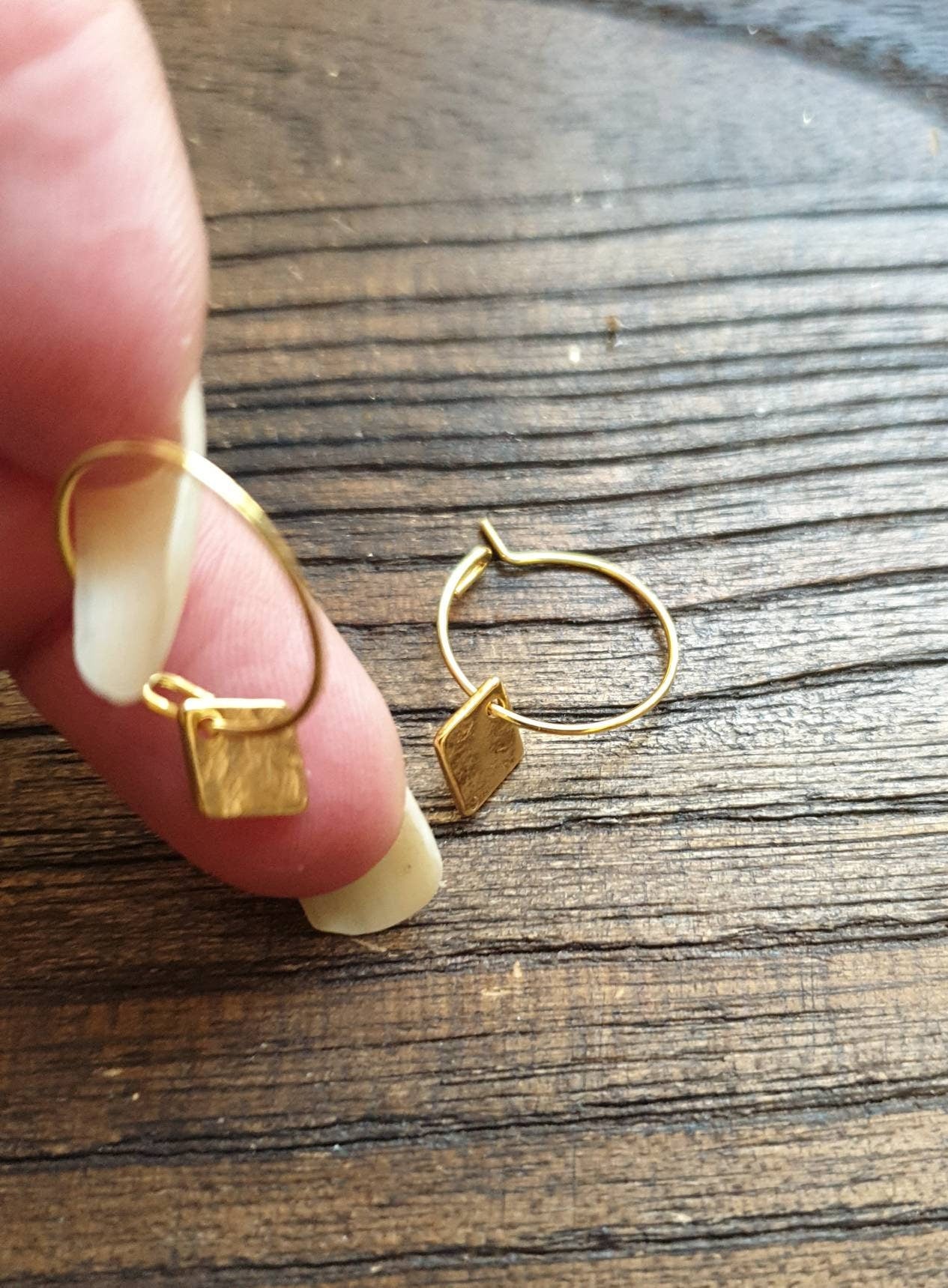 Gold Hammered Diamond Hoop Earrings, Stainless Steel Disc Dangle, Minimalist Earrings, 15mm or 25mm Hoops, Leverback, Earwire Hooks