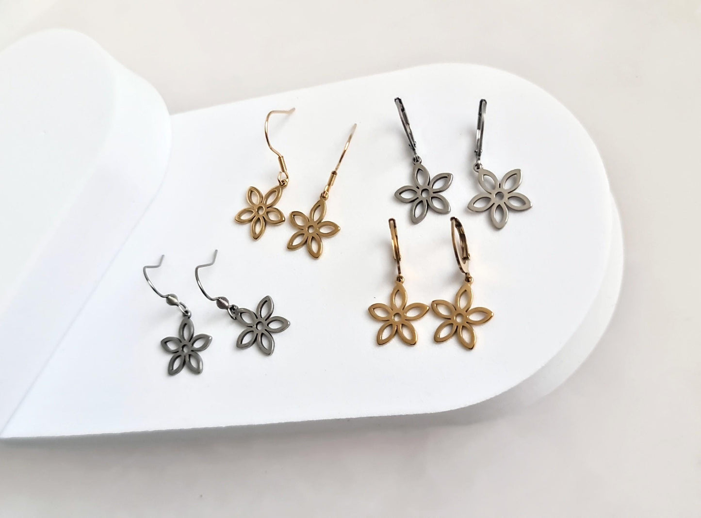 Silver Flower Earrings, Gold Flower Leverback Earrings, Silver Stainless Steel Dangle Leverback or Earwire Earrings, Hypoallergenic.
