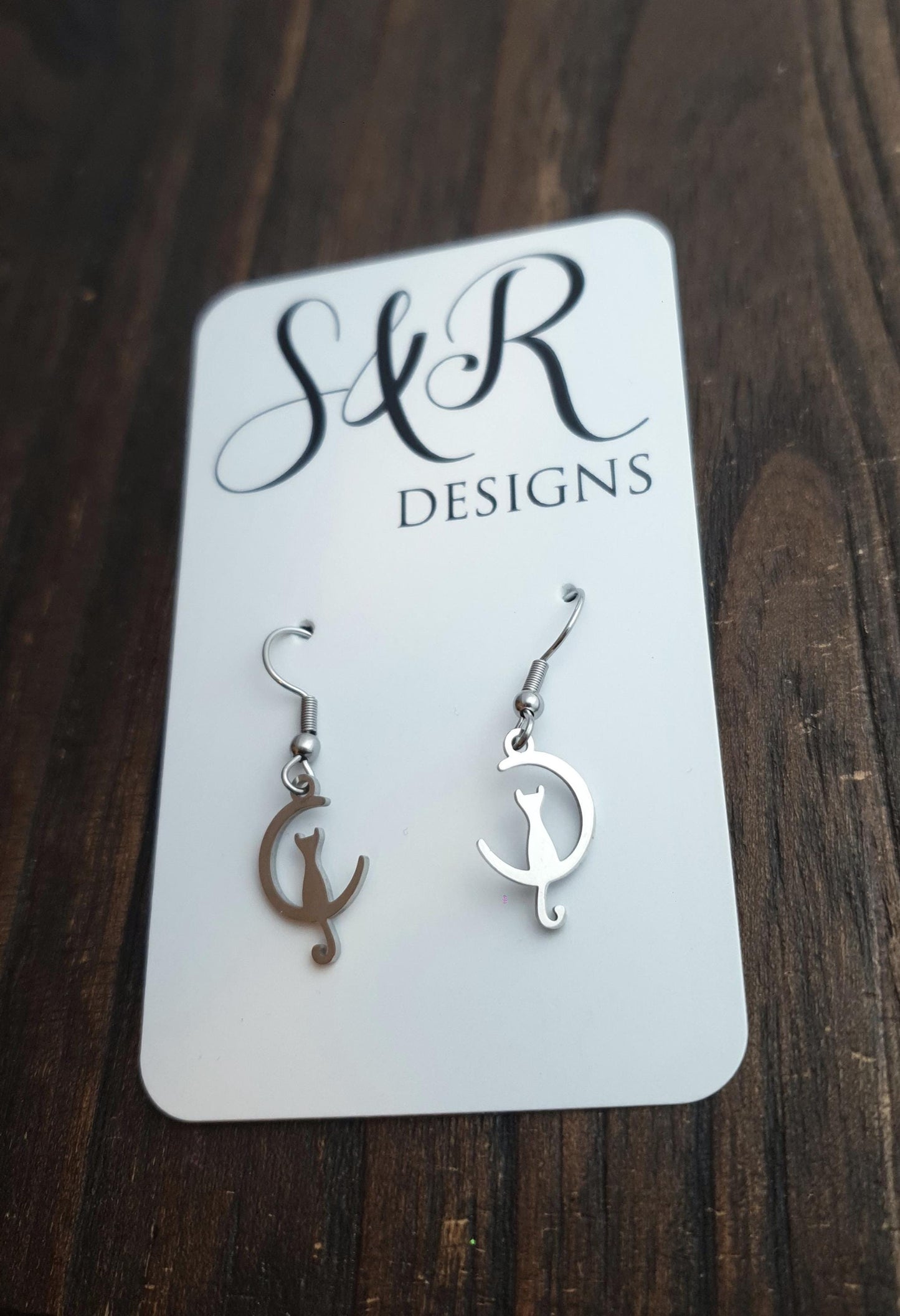Silver Cat on Moon Leverback Earrings, Cat Earrings, Stainless Steel Dangle Leverback, threaders or Hook Earrings. Waterproof