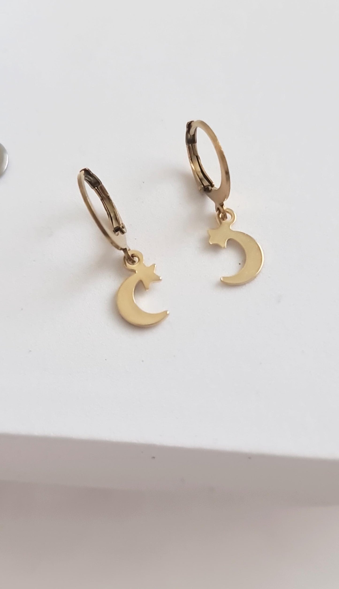 Silver Star Moon Leverback Earrings, Stainless Steel Dangle Leverback, threaders or Hook Earrings. Hypoallergenic Waterproof Jewellery