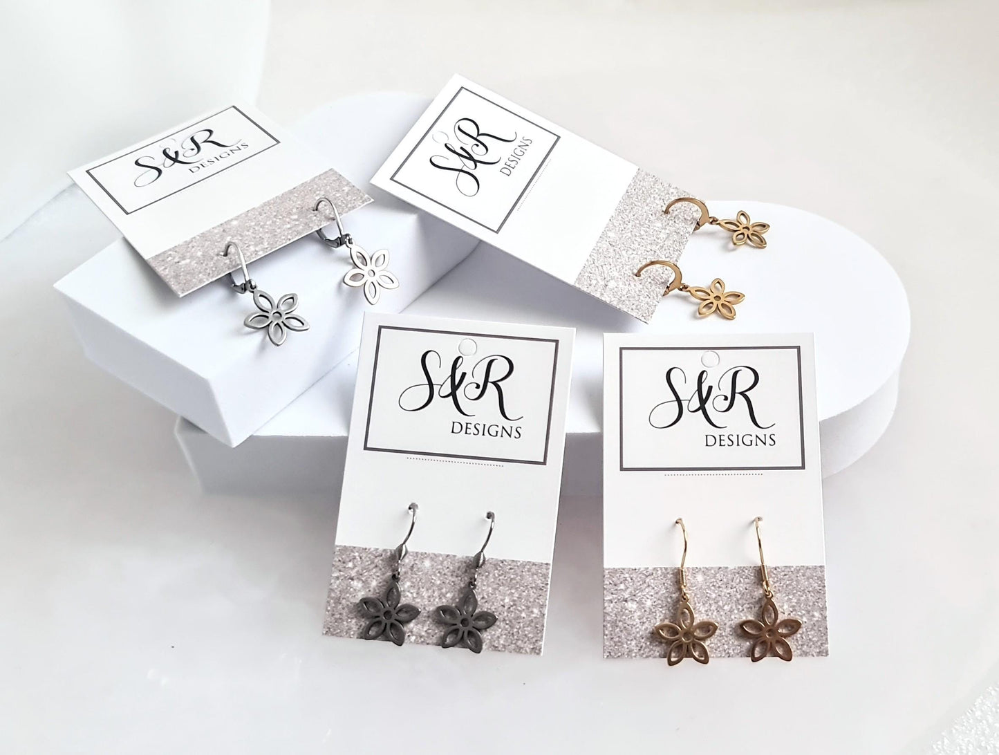 Silver Flower Earrings, Gold Flower Leverback Earrings, Silver Stainless Steel Dangle Leverback or Earwire Earrings, Hypoallergenic.