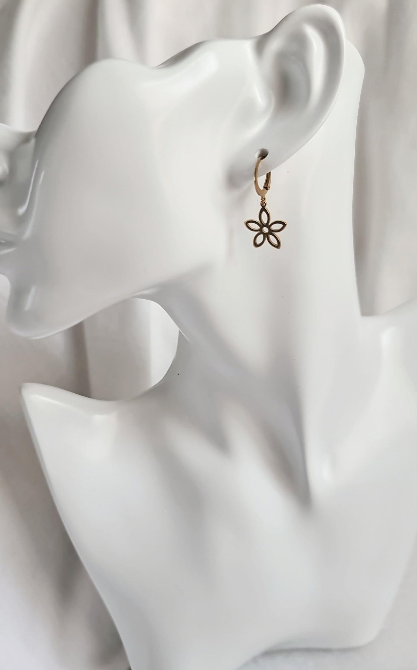 Silver Flower Earrings, Gold Flower Leverback Earrings, Silver Stainless Steel Dangle Leverback or Earwire Earrings, Hypoallergenic.