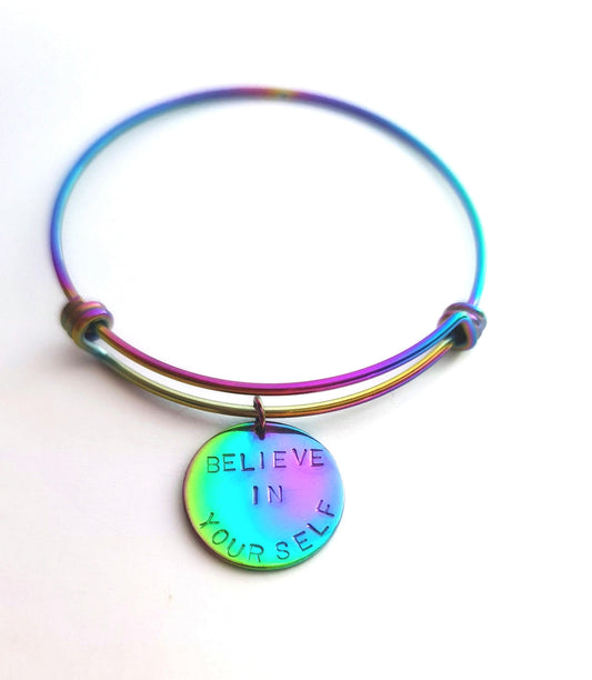 Personalised Name Charm Bangle, Rainbow Adjustable Bangle Stainless Steel, Hand Stamped Bangle with Circle Disc, Stainless Steel Anodized