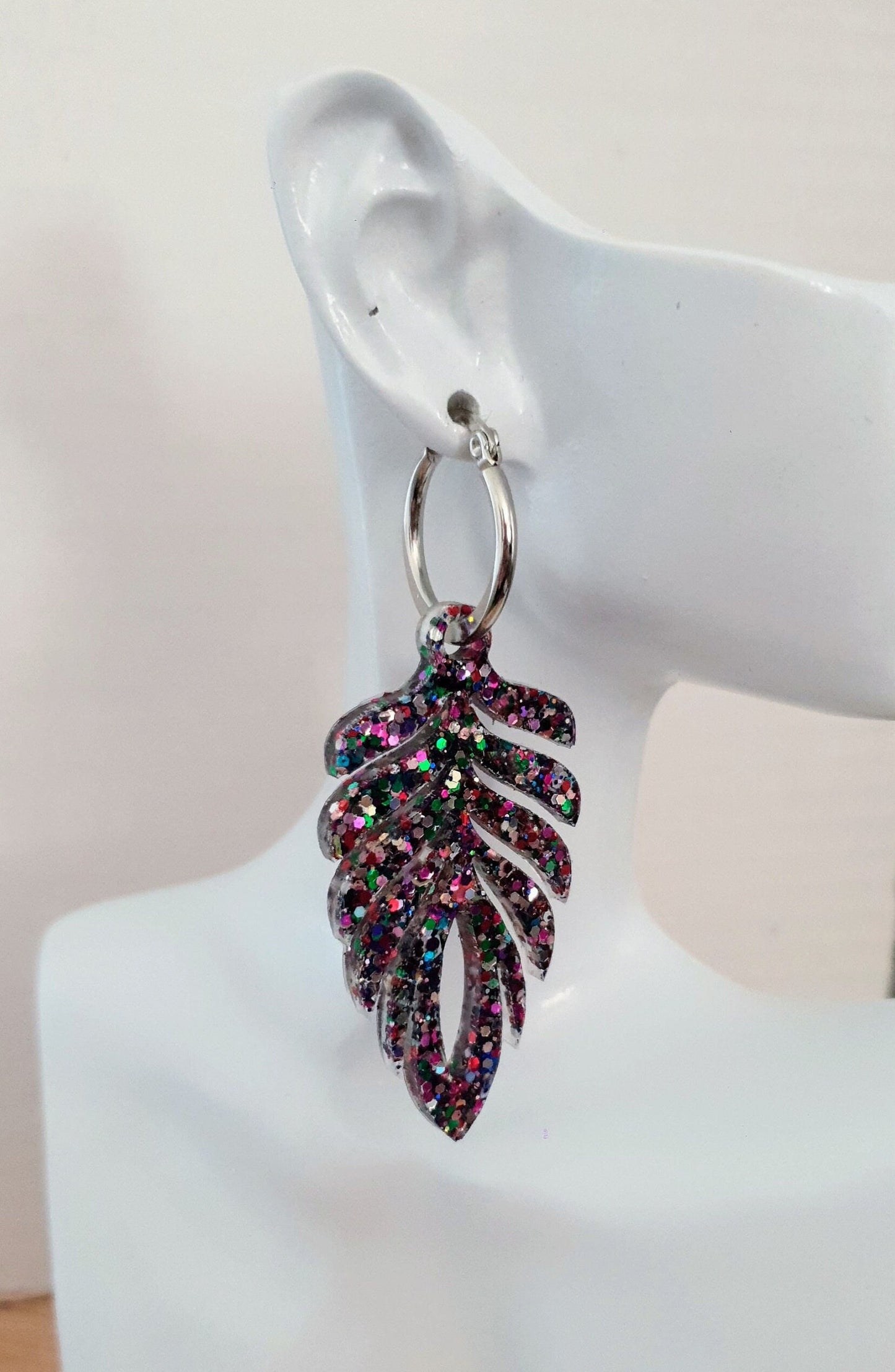 Carnival Long Feather Dangle Hoop Earrings, Multicoloured Glitter Resin Dangles, Statement Earrings
