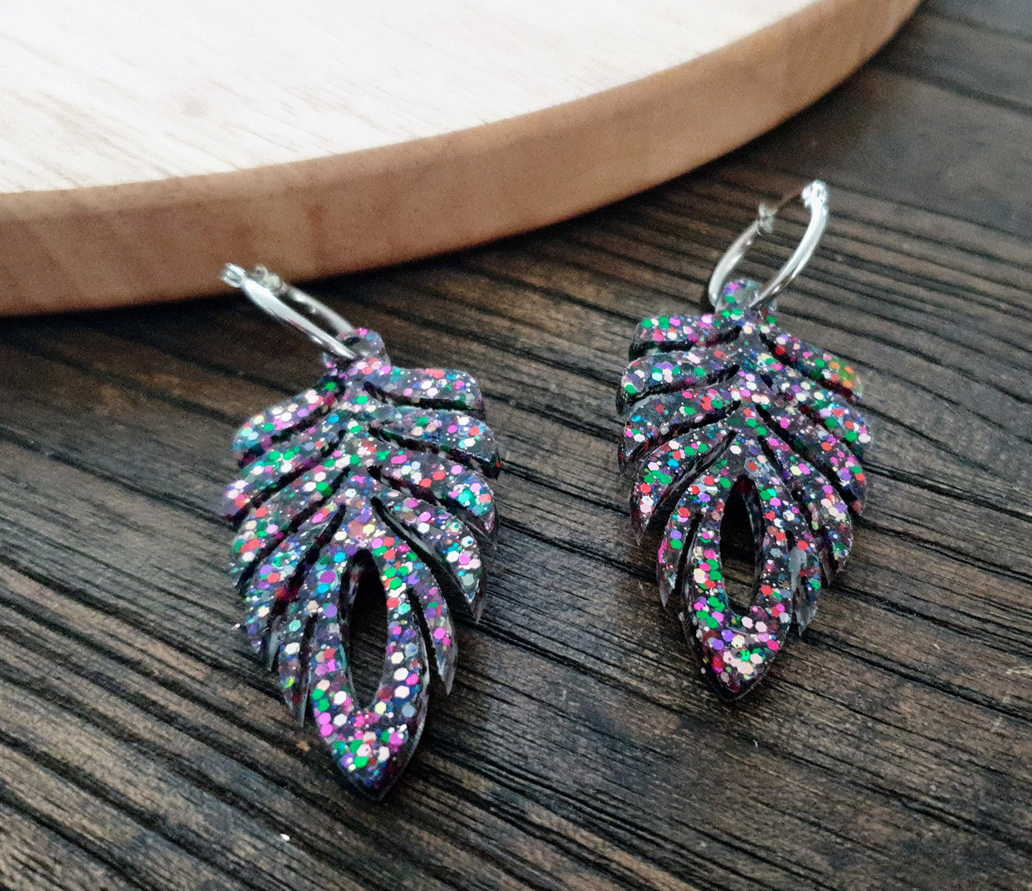 Carnival Long Feather Dangle Hoop Earrings, Multicoloured Glitter Resin Dangles, Statement Earrings