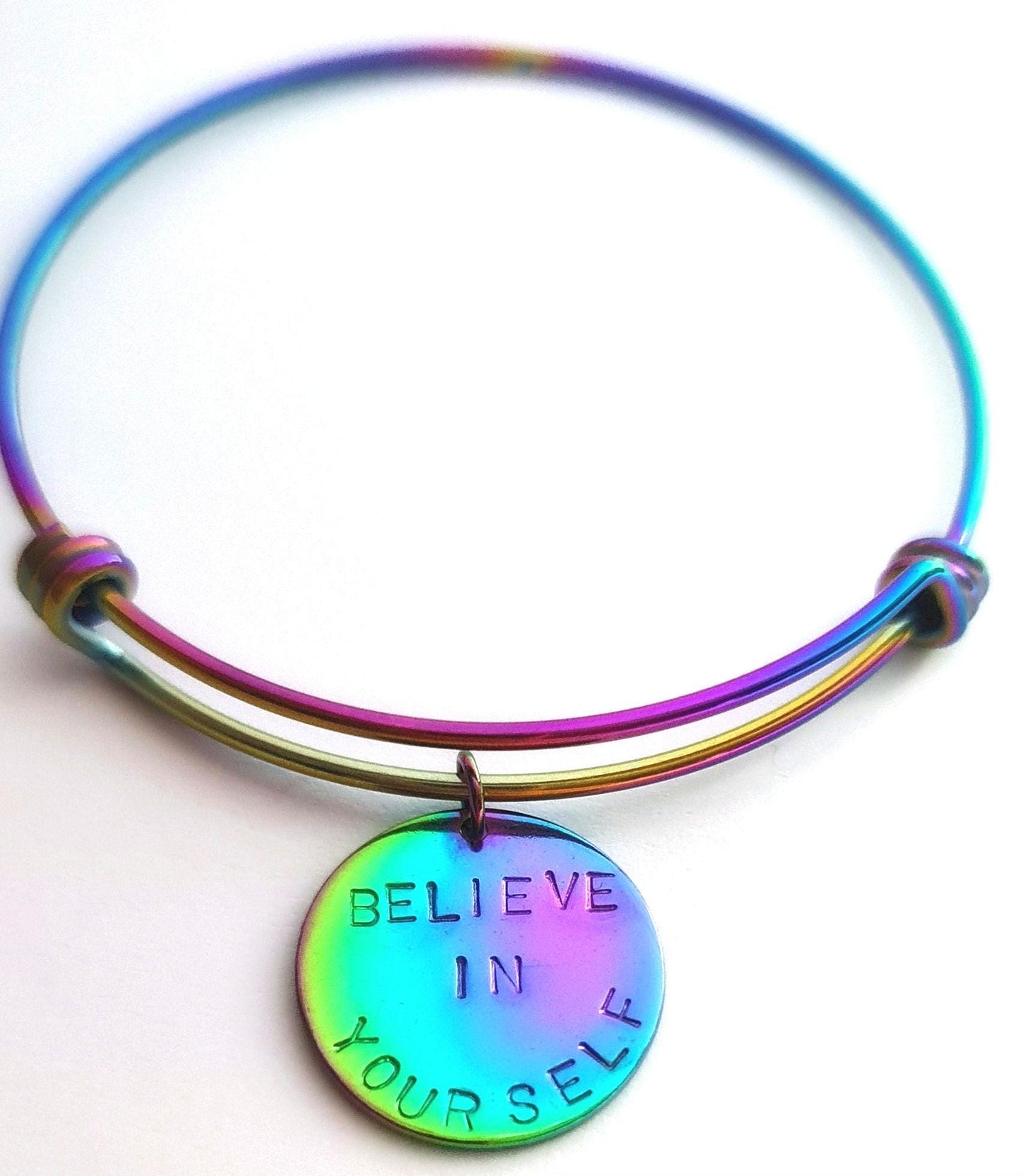 Personalised Name Charm Bangle, Rainbow Adjustable Bangle Stainless Steel, Hand Stamped Bangle with Circle Disc, Stainless Steel Anodized