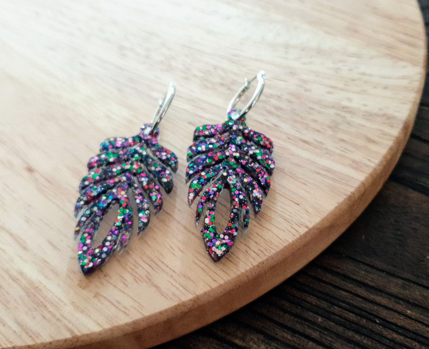 Carnival Long Feather Dangle Hoop Earrings, Multicoloured Glitter Resin Dangles, Statement Earrings