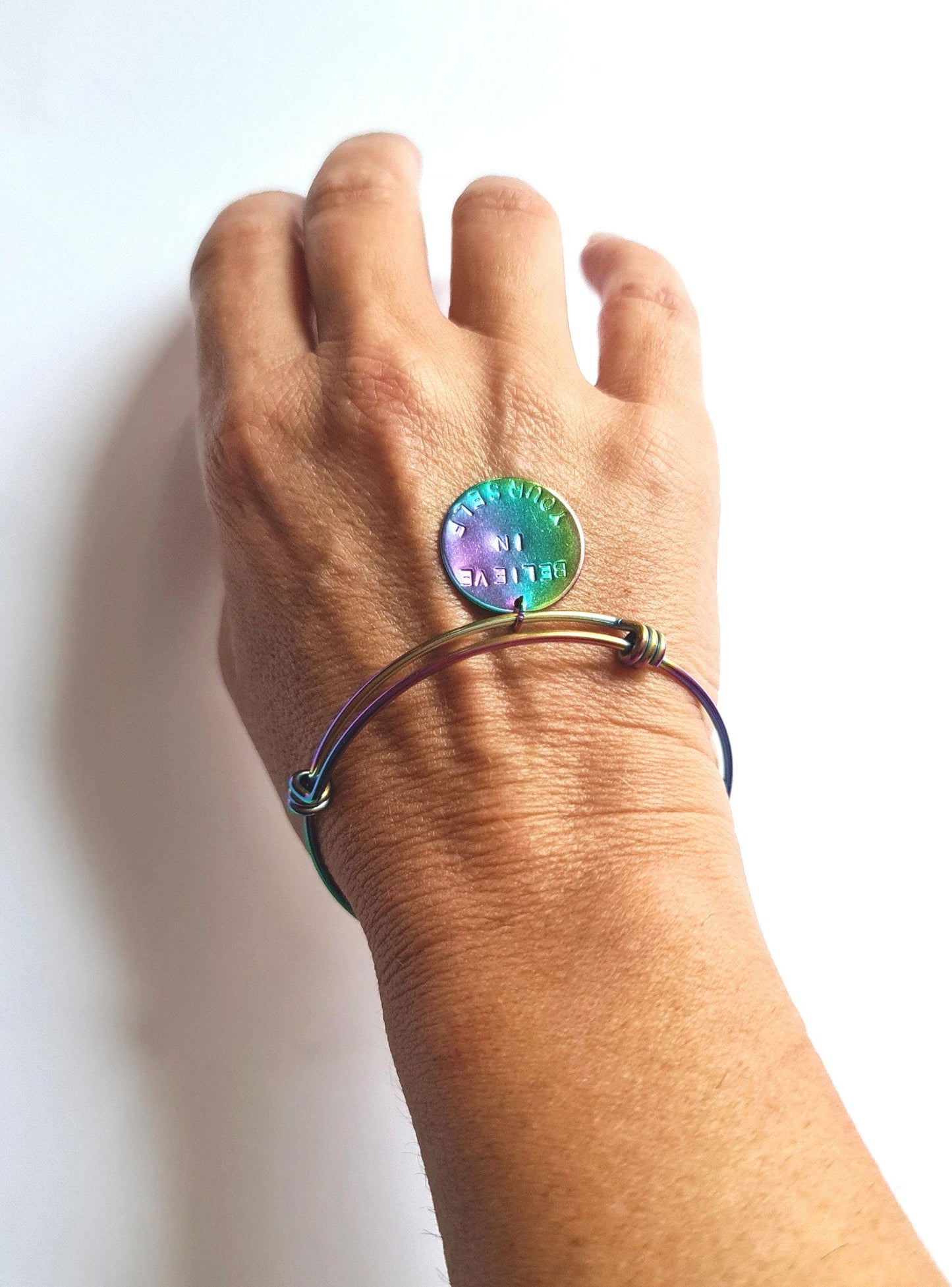 Personalised Name Charm Bangle, Rainbow Adjustable Bangle Stainless Steel, Hand Stamped Bangle with Circle Disc, Stainless Steel Anodized
