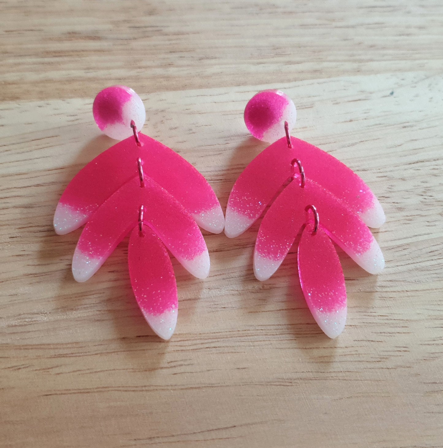 Pink Leaf Extra Long Dangle Drop Earrings, Pink and White Glitter Resin Dangles, Statement Handmade Earrings, Lightweight & Hypoallergenic