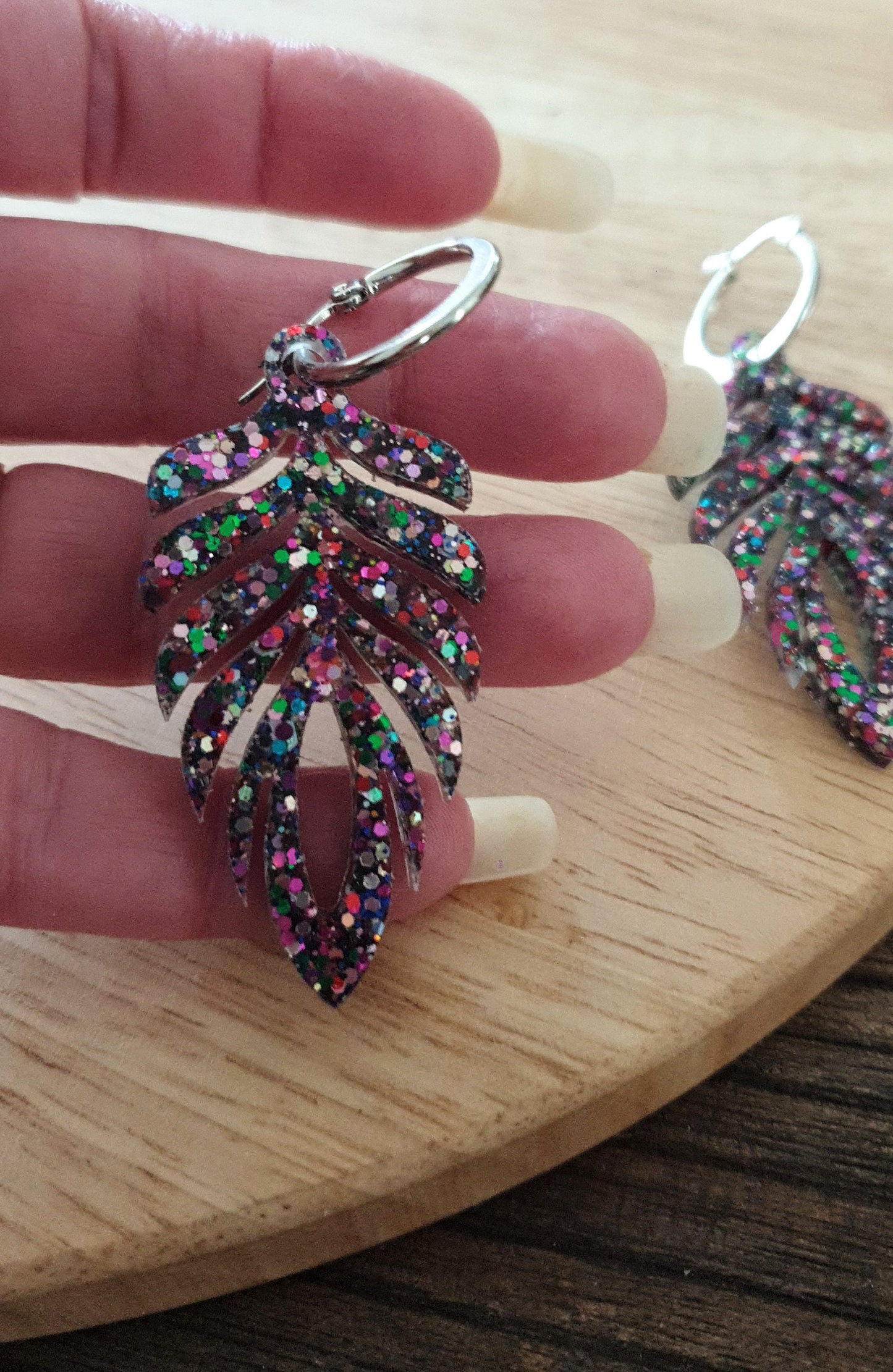 Carnival Long Feather Dangle Hoop Earrings, Multicoloured Glitter Resin Dangles, Statement Earrings