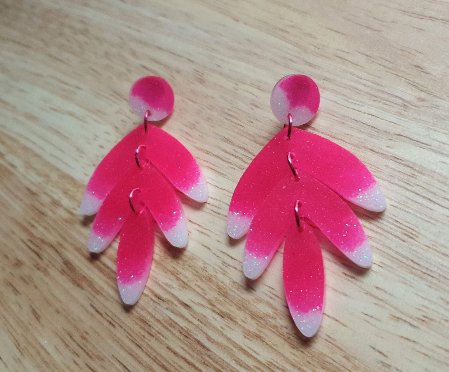 Pink Leaf Extra Long Dangle Drop Earrings, Pink and White Glitter Resin Dangles, Statement Handmade Earrings, Lightweight & Hypoallergenic