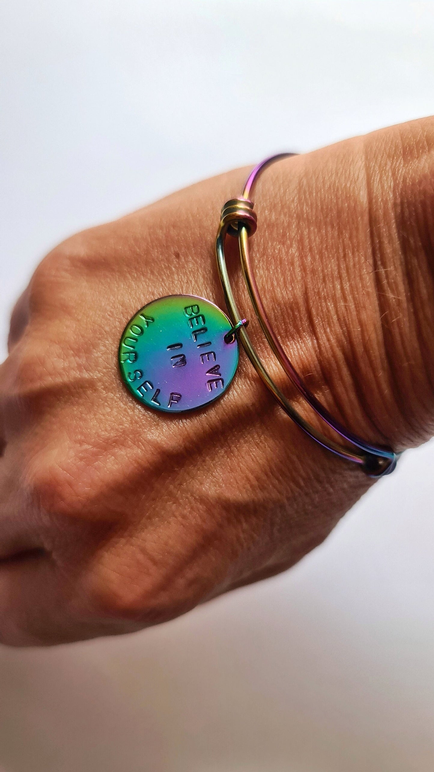 Personalised Name Charm Bangle, Rainbow Adjustable Bangle Stainless Steel, Hand Stamped Bangle with Circle Disc, Stainless Steel Anodized