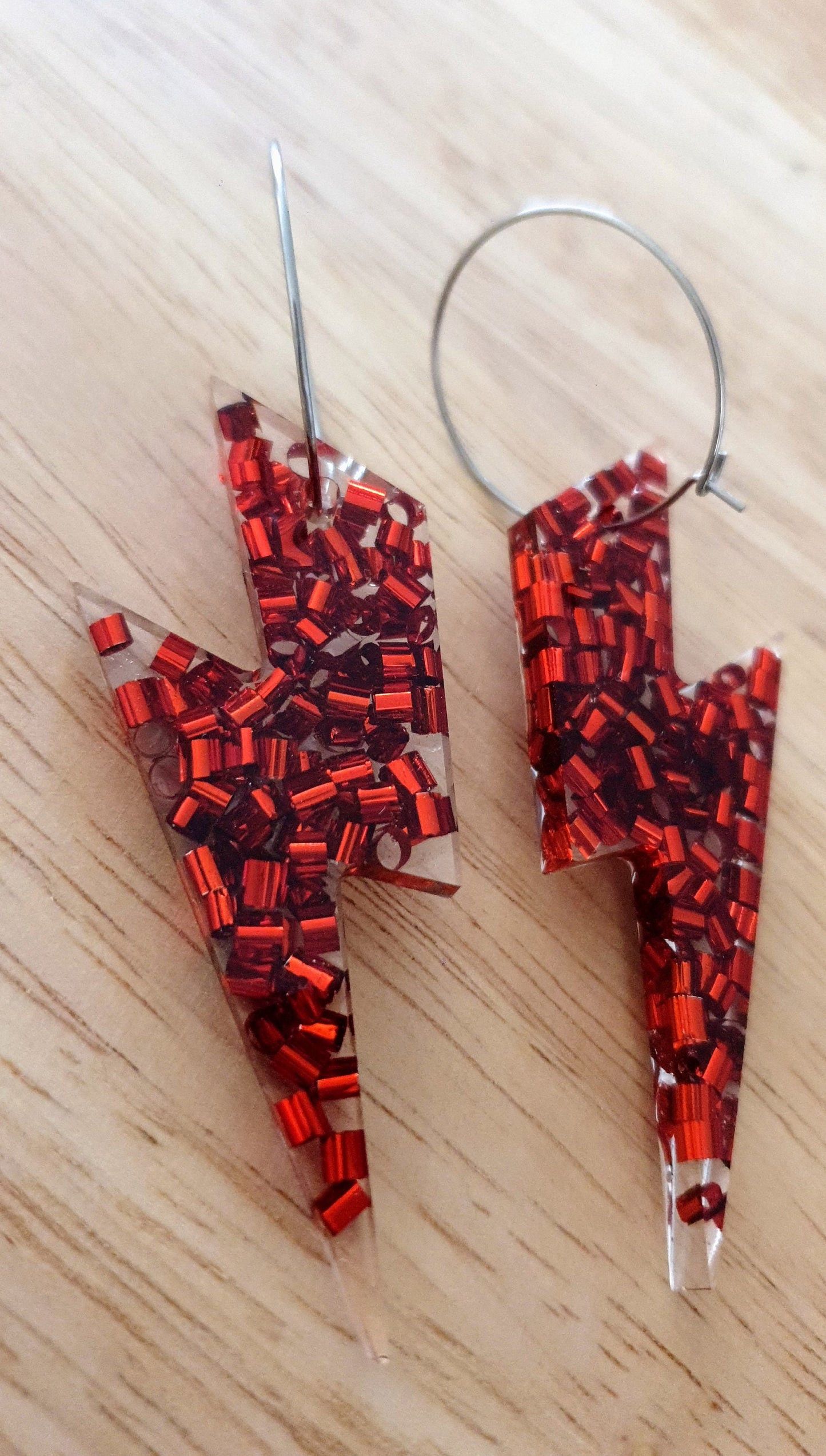 Red Lightning Bolt Hoop Earrings, Large Resin Earrings, Metalic Red Glitter Dangles, Stainless Steel Hypoallergenic Earrings