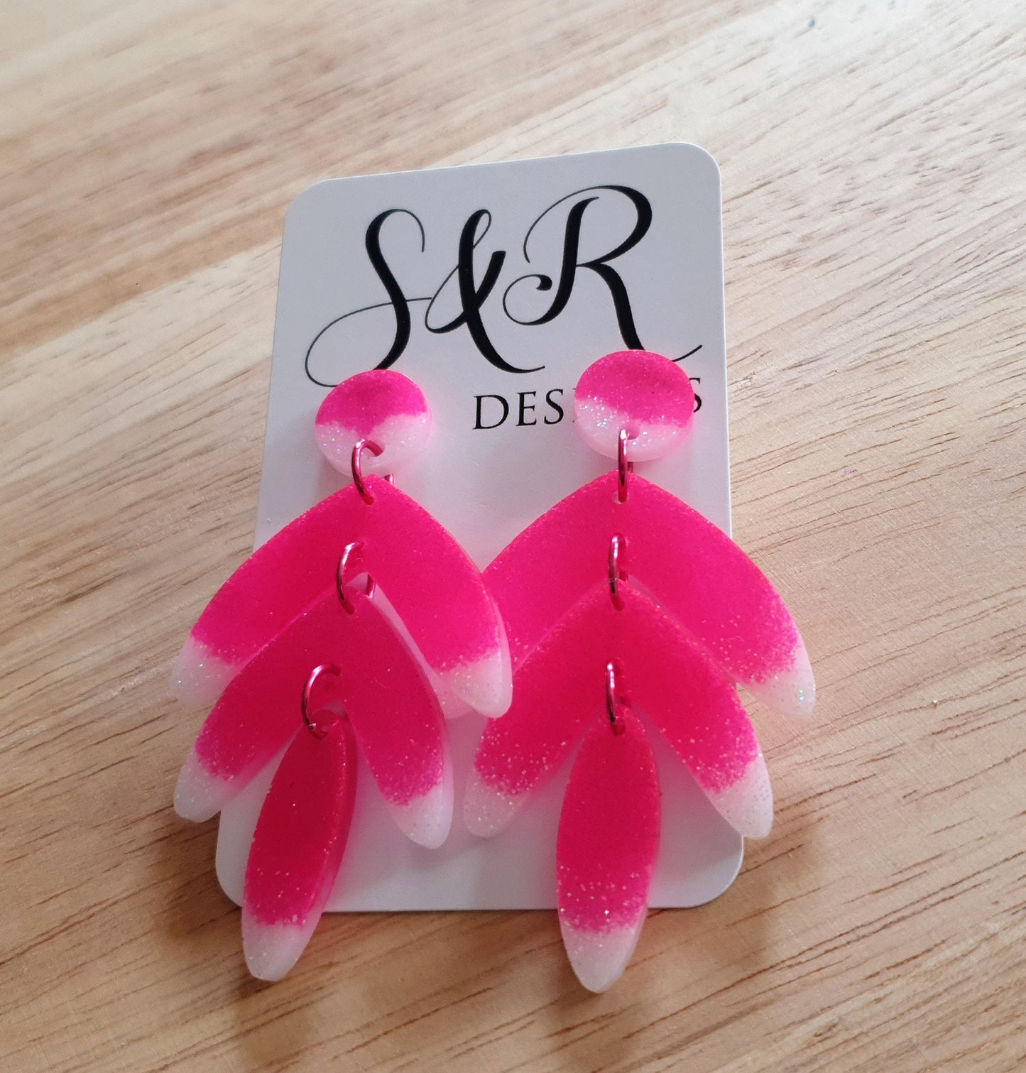 Pink Leaf Extra Long Dangle Drop Earrings, Pink and White Glitter Resin Dangles, Statement Handmade Earrings, Lightweight & Hypoallergenic