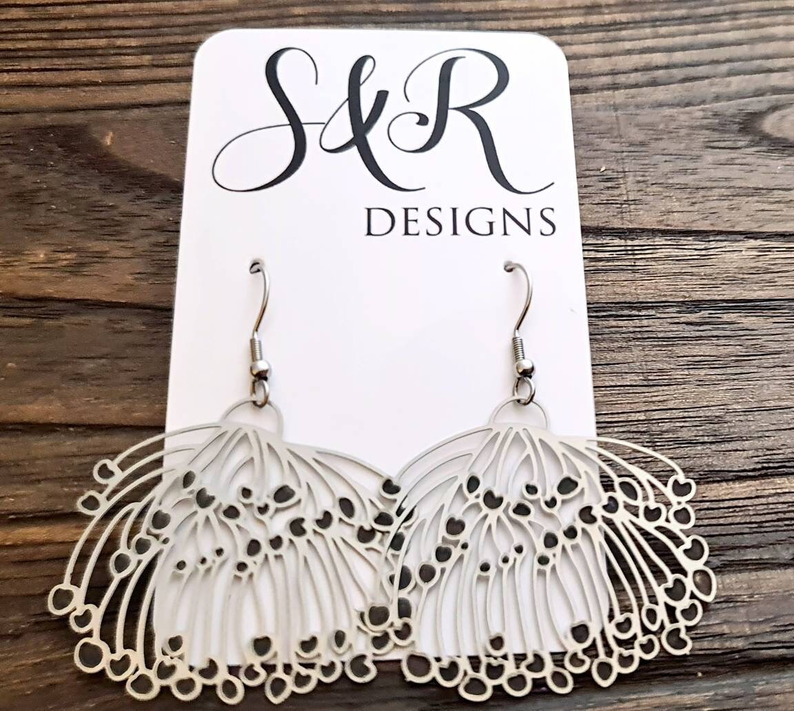 Blossom Flower Dangle Earrings, Large Blossom Design Earrings, Stainless Steel Hook Earrings