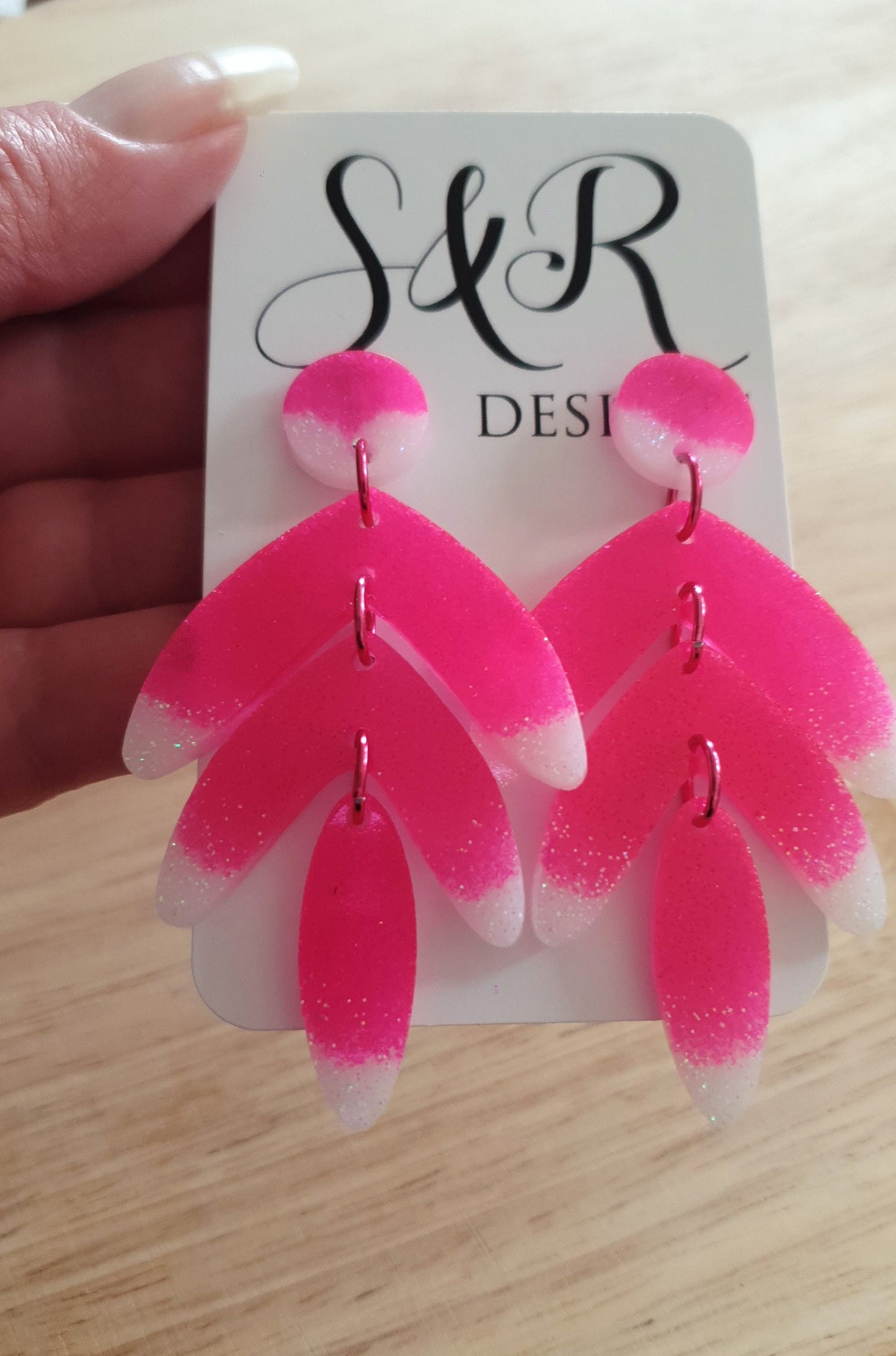Pink Leaf Extra Long Dangle Drop Earrings, Pink and White Glitter Resin Dangles, Statement Handmade Earrings, Lightweight & Hypoallergenic