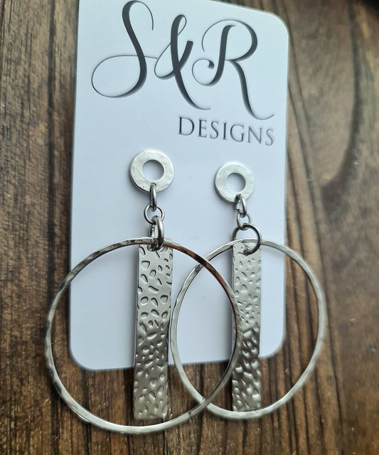 Hammered Circles Bar Design Earrings, Long Silver Stainless Steel Dangle Earrings