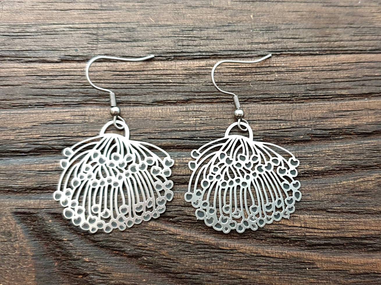Blossom Flower Dangle Earrings, Large Blossom Design Earrings, Stainless Steel Hook Earrings