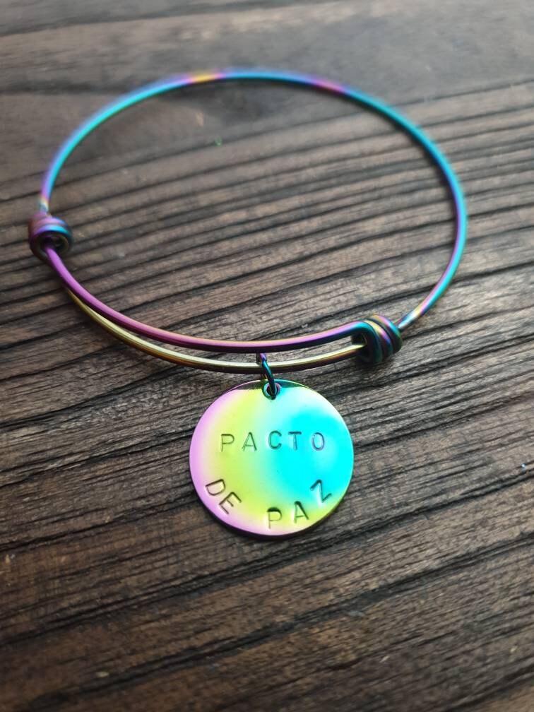 Personalised Name Charm Bangle, Rainbow Adjustable Bangle Stainless Steel, Hand Stamped Bangle with Circle Disc, Stainless Steel Anodized
