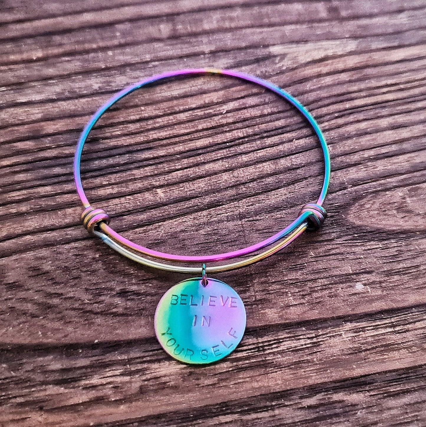 Personalised Name Charm Bangle, Rainbow Adjustable Bangle Stainless Steel, Hand Stamped Bangle with Circle Disc, Stainless Steel Anodized