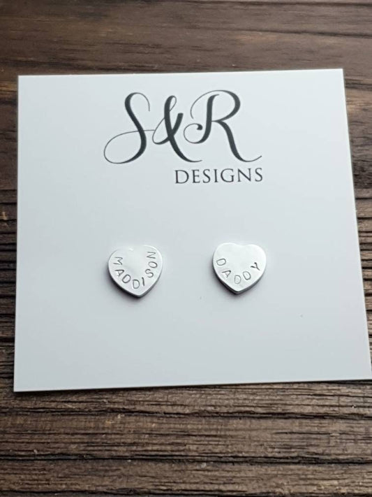 Personalised Heart Stud Earrings, Stainless Steel Hand Stamped Stud Earrings, Name or Initial Earrings. Choose Silver or Gold, 10mm